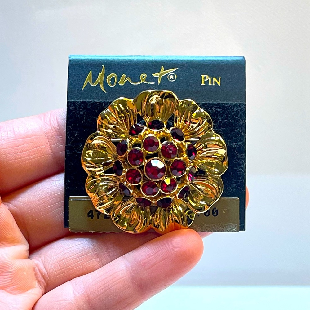 Vintage Signed Monet Flower Gold tone Ruby Red Rhinestones Brooch Pin